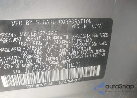 2021 Subaru Forester Limited from USA, damaged, VIN JF2SKASC0MH510471